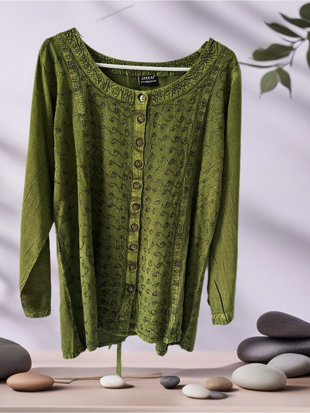 203 NWT Sakkas Green Embroidered Button-Down Blouse